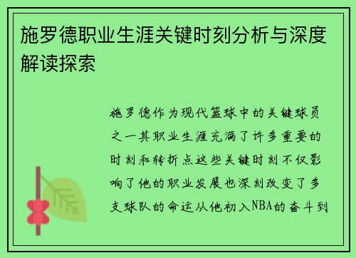 施罗德职业生涯关键时刻分析与深度解读探索