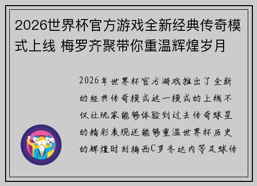2026世界杯官方游戏全新经典传奇模式上线 梅罗齐聚带你重温辉煌岁月 2026世界杯官方游戏全新经典传奇模式上线 梅罗齐聚带你重温辉煌岁月