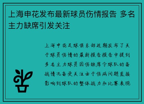 上海申花发布最新球员伤情报告 多名主力缺席引发关注 上海申花发布最新球员伤情报告 多名主力缺席引发关注