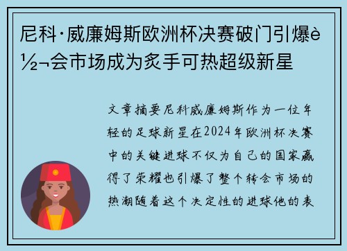 尼科·威廉姆斯欧洲杯决赛破门引爆转会市场成为炙手可热超级新星